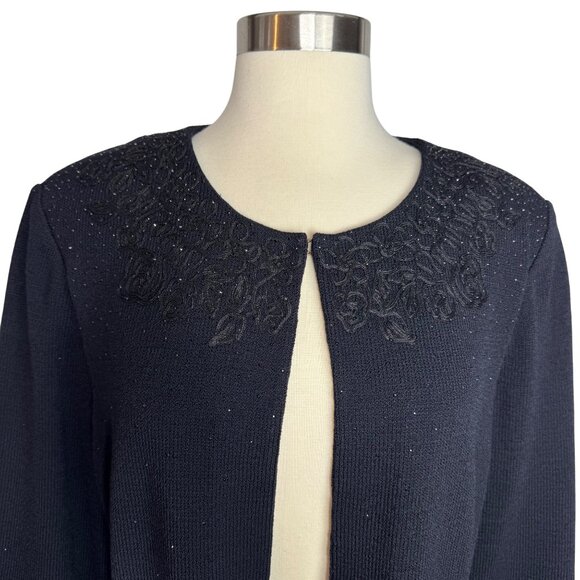St. John Evening Black Embroidered Rhinestoned Wool Blend Formal Cardigan Sz 14 - Picture 2 of 13